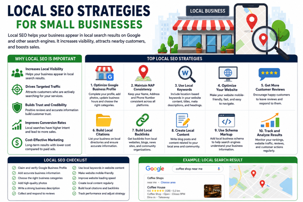 Local SEO strategies for small businesses infographic showing Google Business Profile optimization, local keywords, customer reviews, local backlinks, citations, schema markup, and website optimization tips.