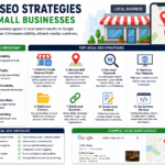 Local SEO strategies for small businesses infographic showing Google Business Profile optimization, local keywords, customer reviews, local backlinks, citations, schema markup, and website optimization tips.